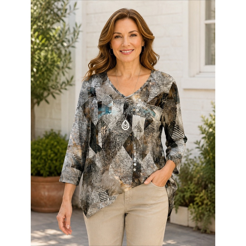 Parsley & Sage Womens Top L Brown Gray Artsy Patchwork Print Asymmetric Casual L